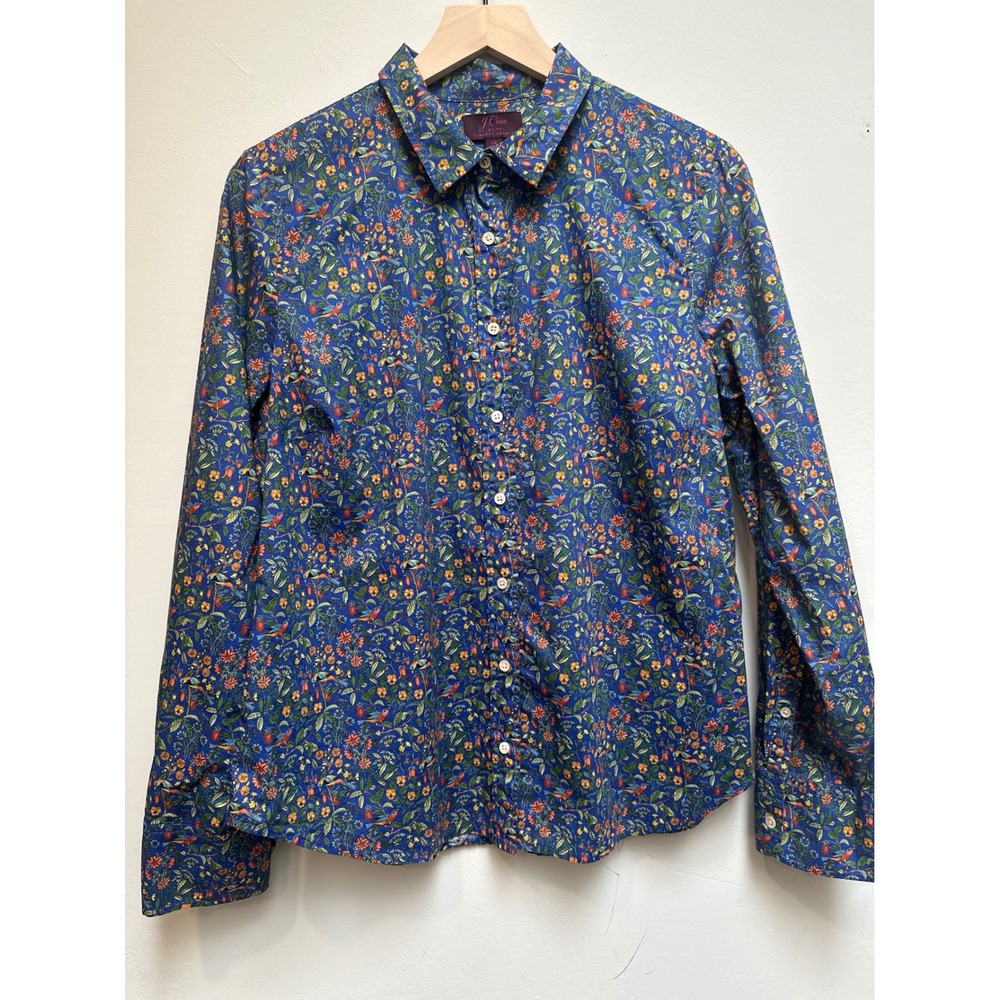 JCrew Liberty Fabric Floral Bird Print Button Down Shirt Blue Women 14
